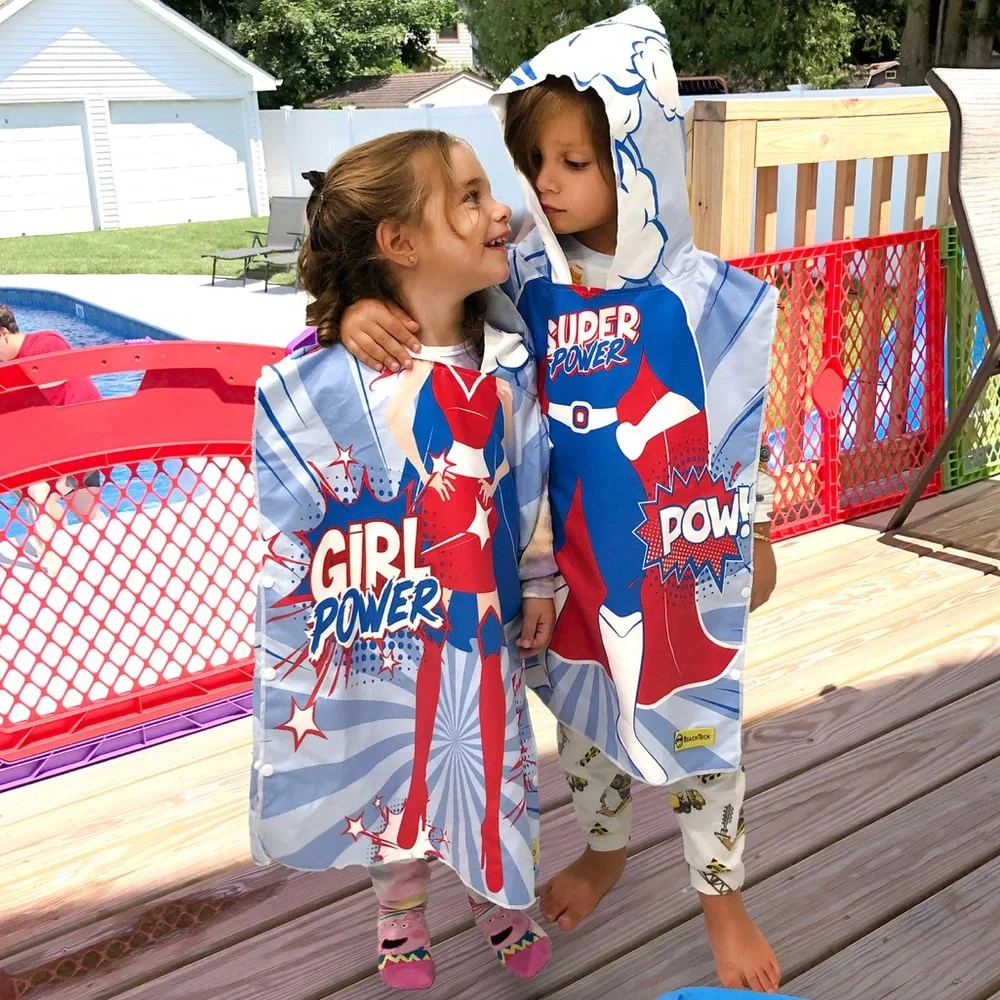 UV Sensing Kids‎ Micro-Fiber Super Power Poncho Hooded Beach Towel Cover Up OS